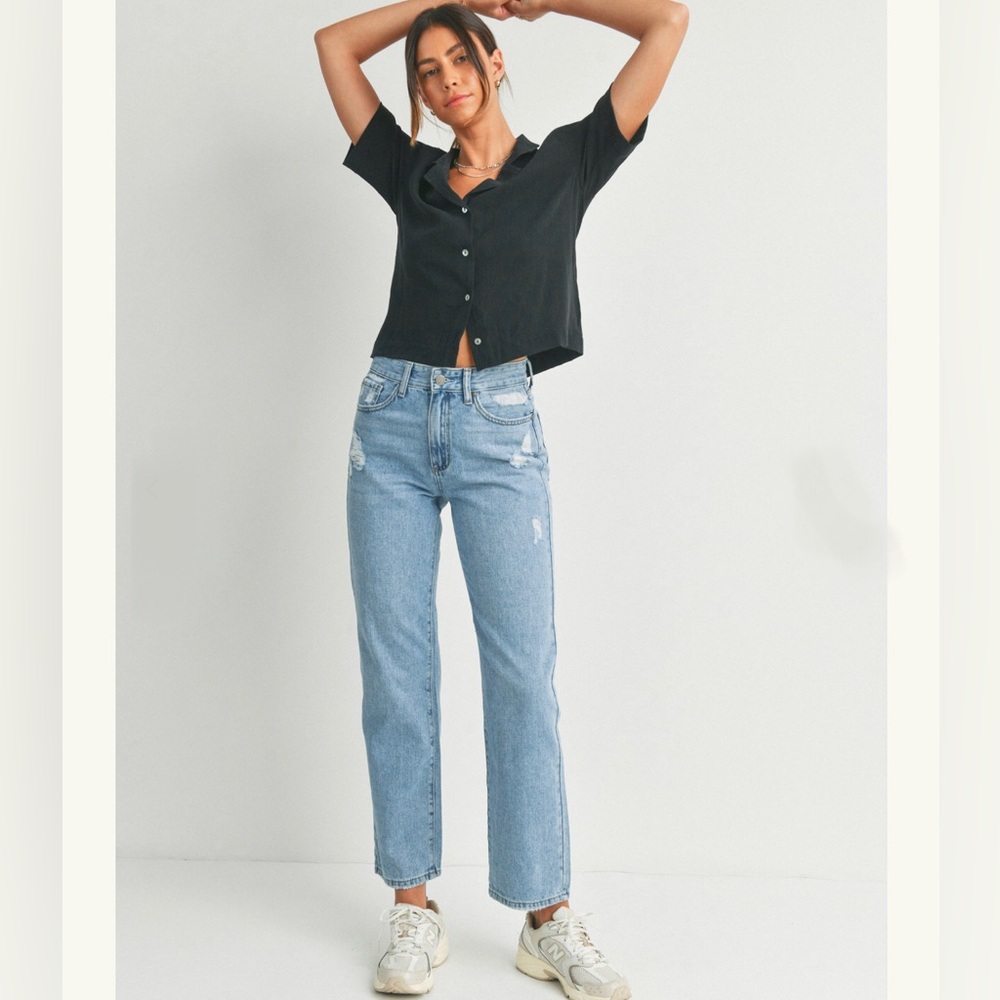 Just Black Denim Womens Bobbi Distressed Straight Size 26 High Rise Light Wash